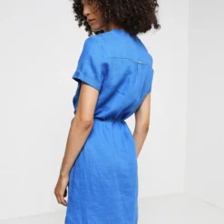 Robe Ceinturée En 100% Lin - Bleu 5 Robe Ceinturée En 100% Lin - Bleu -Promos Sublisca Magasin 001011395 001 V2 T4