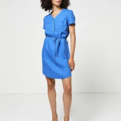 Robe Ceinturée En 100% Lin - Bleu 6 Robe Ceinturée En 100% Lin - Bleu -Promos Sublisca Magasin 001011395 001 V3 T4