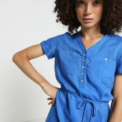 Robe Ceinturée En 100% Lin - Bleu 7 Robe Ceinturée En 100% Lin - Bleu -Promos Sublisca Magasin 001011395 001 V4 T4