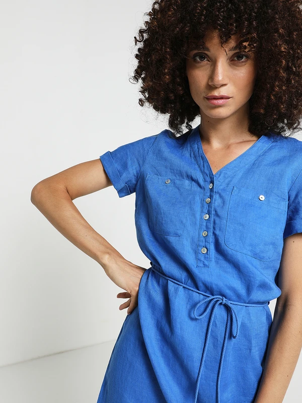 Robe Ceinturée En 100% Lin - Bleu 4 Robe Ceinturée En 100% Lin - Bleu – Image 4