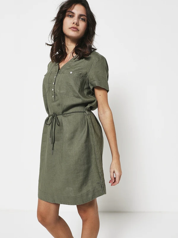 Robe Ceinturée En 100% Lin - Vert 1 Robe Ceinturée En 100% Lin - Vert