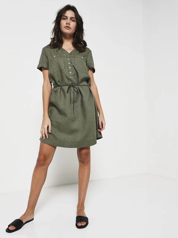 Robe Ceinturée En 100% Lin - Vert 3 Robe Ceinturée En 100% Lin - Vert – Image 3