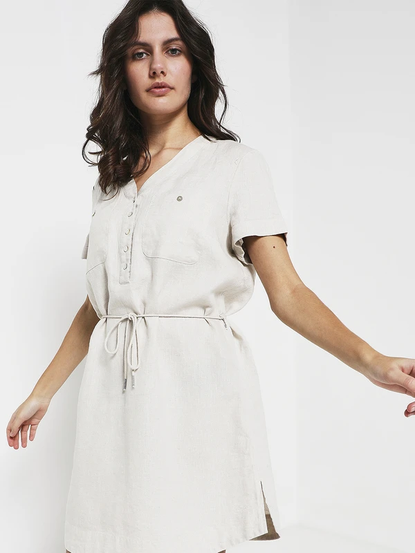 Robe Ceinturée En 100% Lin - Ecru 1 Robe Ceinturée En 100% Lin - Ecru