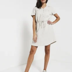 Robe Ceinturée En 100% Lin - Ecru 6 Robe Ceinturée En 100% Lin - Ecru -Promos Sublisca Magasin 001011395 003 V3 T4