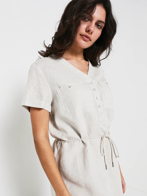 Robe Ceinturée En 100% Lin - Ecru 4 Robe Ceinturée En 100% Lin - Ecru – Image 4