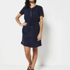 Robe Ceinturée En 100% Lin - Bleu Marine -Promos Sublisca Magasin 001011395 004 V3 T4