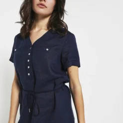 Robe Ceinturée En 100% Lin - Bleu Marine -Promos Sublisca Magasin 001011395 004 V4 T4