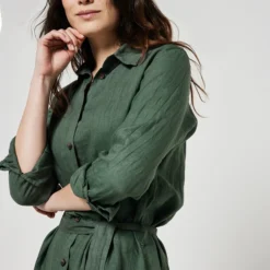 Robe Chemisier En Lin - Vert Kaki -Promos Sublisca Magasin 001011820 001 V2 T4