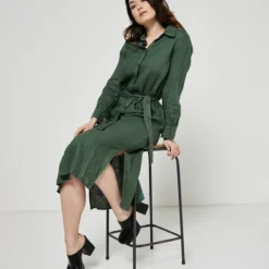 Robe Chemisier En Lin - Vert Kaki -Promos Sublisca Magasin 001011820 001 V3 T4
