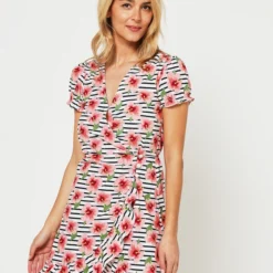 Molly Bracken Robe Portefeuille Imprimée À Volants - Blanc