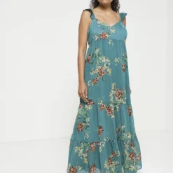 Ikks Robe À Volants Étagés En Voile Fleuri - Vert