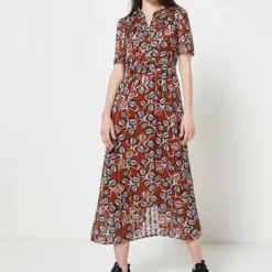 SEE U SOON Robe Blousante À Imprimé Et Rayures Satinées - Marron -Promos Sublisca Magasin 001011912 001 V2 T4