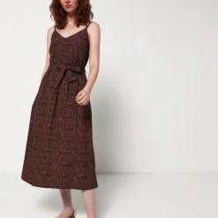 Robe Midi Évasée Avec Ceinture À Nouer - Camel