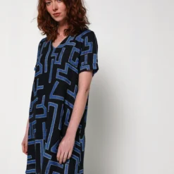 Robe Tunique En Lin Imprimée - Bleu
