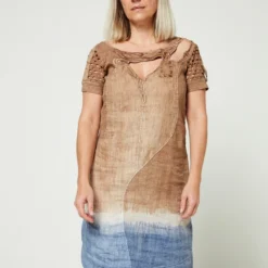 Robe Bicolore Effet Délavé Avec Lin - Camel