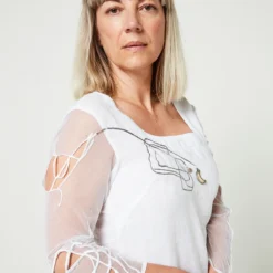 Robe En Lin Avec Manches En Résille - Blanc -Promos Sublisca Magasin 001012015 001 V4 T4