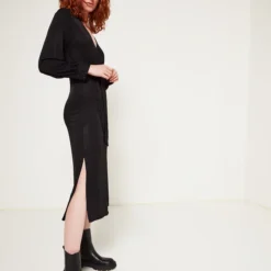 Robe Lurex Fendue Sur Le Côté - Noir -Promos Sublisca Magasin 001012033 001 V3 T4