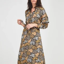 Robe En Satin Imprimé Animalier - Camel