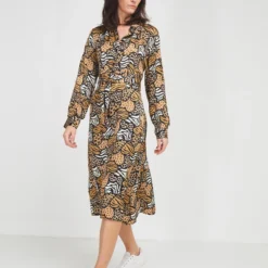 Robe En Satin Imprimé Animalier - Camel -Promos Sublisca Magasin 001016123 001 V3 T4