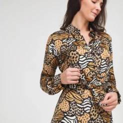 Robe En Satin Imprimé Animalier - Camel -Promos Sublisca Magasin 001016123 001 V4 T4