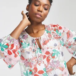 ESPRIT Robe En Voile Imprimé - Ecru -Promos Sublisca Magasin 001016253 001 V3 T4