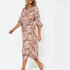 ESPRIT Robe Fluide Ceinturée Imprimée Fleurs - Rose -Promos Sublisca Magasin 001016539 001 V2 T4