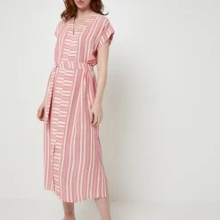 Robe Rayée Avec Lin - Orange