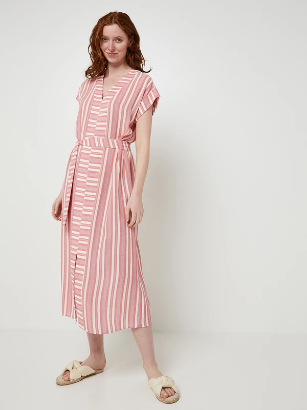 Robe Rayée Avec Lin - Orange 1 Robe Rayée Avec Lin - Orange