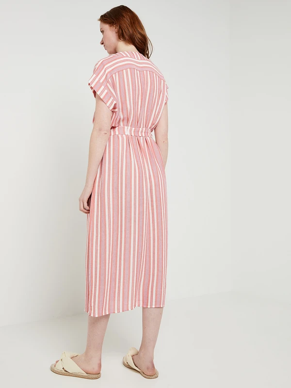 Robe Rayée Avec Lin - Orange 2 Robe Rayée Avec Lin - Orange – Image 2