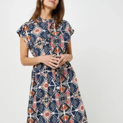 Robe Ample Imprimé Géométrique, Avec Ceinture Amovible - Bleu