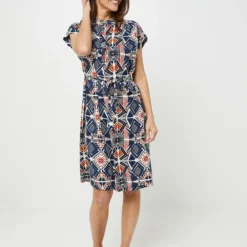 Robe Ample Imprimé Géométrique, Avec Ceinture Amovible - Bleu -Promos Sublisca Magasin 001022425 001 V3 T4