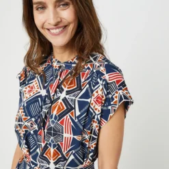 Robe Ample Imprimé Géométrique, Avec Ceinture Amovible - Bleu -Promos Sublisca Magasin 001022425 001 V4 T4