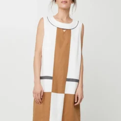 Robe Droite En Lin Empiècements Contrastés - Ecru