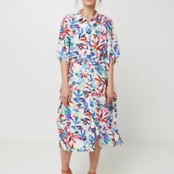 Molly Bracken Robe Caftan Chemise Imprimée Feuilles - Blanc