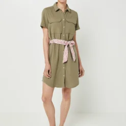 Robe Chemisier En Double Gaze Unie - Vert Kaki -Promos Sublisca Magasin 001024700 001 V3 T4