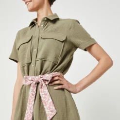 Robe Chemisier En Double Gaze Unie - Vert Kaki -Promos Sublisca Magasin 001024700 001 V4 T4