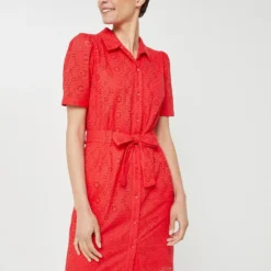 Robe Chemisier Manches Ballon En Broderie Anglaise - Rouge