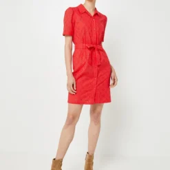 Robe Chemisier Manches Ballon En Broderie Anglaise - Rouge -Promos Sublisca Magasin 001024702 001 V3 T4