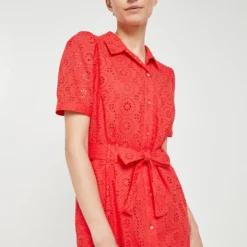 Robe Chemisier Manches Ballon En Broderie Anglaise - Rouge -Promos Sublisca Magasin 001024702 001 V4 T4