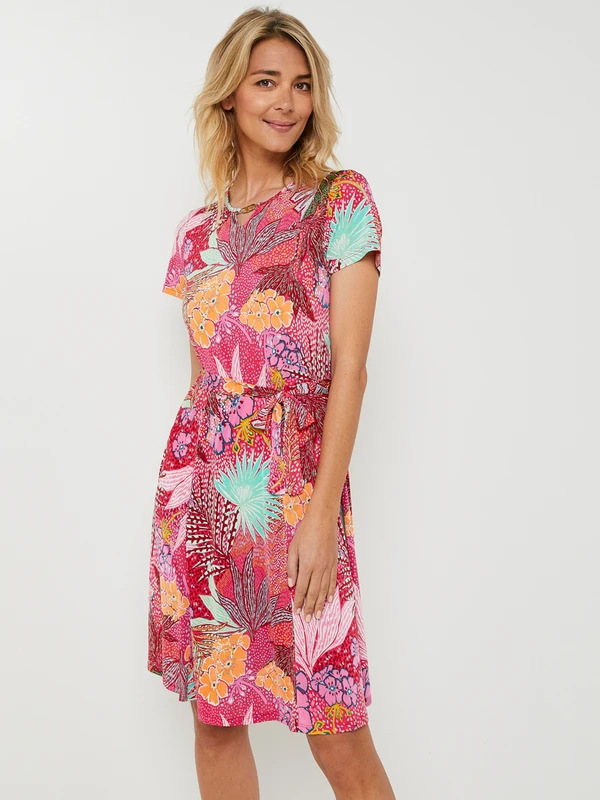 Robe En Jersey Fluide Imprimée Fleurs - Rose 1 Robe En Jersey Fluide Imprimée Fleurs - Rose