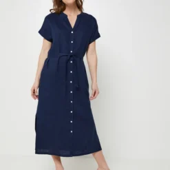 Robe Longue Unie En 100% Lin, Encolure Tunisienne - Bleu Marine