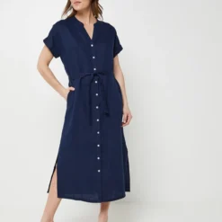 Robe Longue Unie En 100% Lin, Encolure Tunisienne - Bleu Marine -Promos Sublisca Magasin 001025065 001 V3 T4