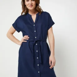 Robe Longue Unie En 100% Lin, Encolure Tunisienne - Bleu Marine -Promos Sublisca Magasin 001025065 001 V4 T4