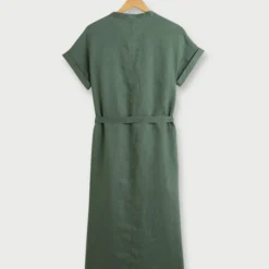 Robe Longue Unie En 100% Lin, Encolure Tunisienne - Vert Kaki -Promos Sublisca Magasin 001025065 002 V2 T4