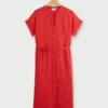 Robe Longue Unie En 100% Lin, Encolure Tunisienne - Rouge