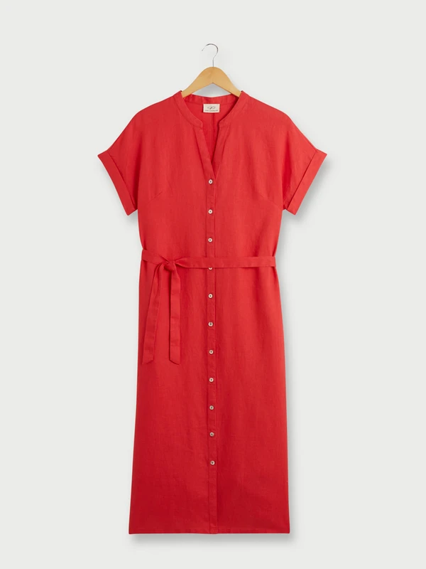 Robe Longue Unie En 100% Lin, Encolure Tunisienne - Rouge 1 Robe Longue Unie En 100% Lin, Encolure Tunisienne - Rouge