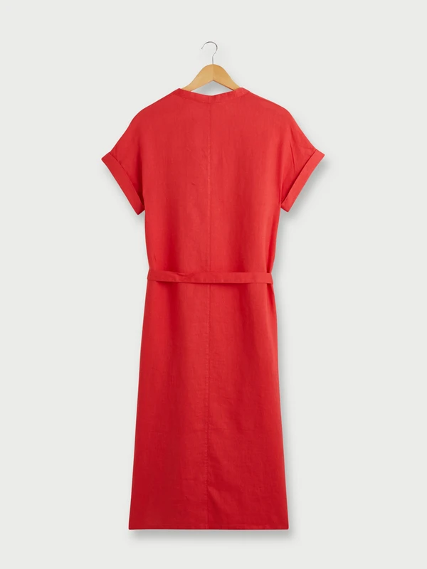 Robe Longue Unie En 100% Lin, Encolure Tunisienne - Rouge 2 Robe Longue Unie En 100% Lin, Encolure Tunisienne - Rouge – Image 2