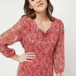 Robe Plissée En Voile Imprimé Petites Fleurs - Rouge -Promos Sublisca Magasin 001025066 001 V4 T4
