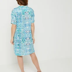 Robe Tunique 100% Lin Imprimée Ikat - Bleu -Promos Sublisca Magasin 001025068 001 V2 T4