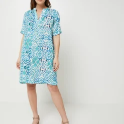 Robe Tunique 100% Lin Imprimée Ikat - Bleu -Promos Sublisca Magasin 001025068 001 V3 T4